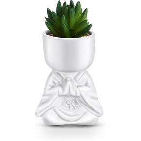 Fake Succulents Plants Artificial with Praying Monk Shape Black Ceramic Pot for Bathroom Bedroom Home Office Desk Shower Decor Aesthetic Indoor - Set of 1