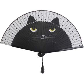 SEWACC Folding Fan Hand Fan Chinese Style Fan Cartoon Cat Lace Fan Decorative Folding Fans Vintage Handheld Fan for Party Wedding Dancing Decoration