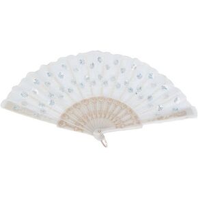 Micromall Folding Embroidered Silk Sequins Hand Lace Flower Fan Party Wedding Decoration White