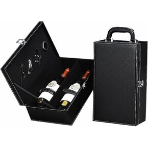 TANG SONG Leather Double Bottle Wine Gift Box with 4 Wine Accessories Wine Bottle Storage whit Locking Latch (Black)