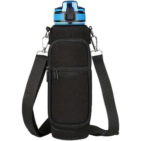 Crownnie Queen 25/32/40 OZ Sports Water Bottle Crossbody Sling Bag Case Sleeve with Adjustable Shoulder Strap and Pockets for Hiking, Travel, Running or Fitness (Black)
