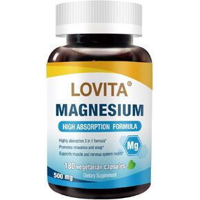 Lovita Triple Magnesium Complex 500mg, High Absorption and Potency Formula, Glycinate, Citrate & Oxide, Support Sleep, Relaxation, Heart, Nerves & Bone Health, 180 Vegan Capsules