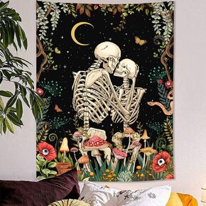 Fungarth Skeleton Tapestry Skull Mushroom Floral Plant Flower Aesthetic Bedroom Tapestries Nature Moon Wall Tapestry for Dorm Living Room（44" x 60"）