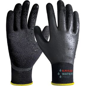 KAYGO Waterproof Work Gloves for Men and Women, Rubber Coated Non-slip Working Gloves for Garden, Outdoor Construction,KG150,Black,S