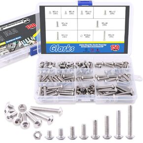 Glarks 150Pcs M5 Stainless Steel Button Head Hex Socket Head Cap Bolts Screws Nuts Assortment Kit