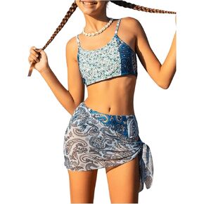 SHENHE Girl's 3 Piece Swimsuit Floral High Waisted Paisley Print Bikini Set with Cover Up Sarong
