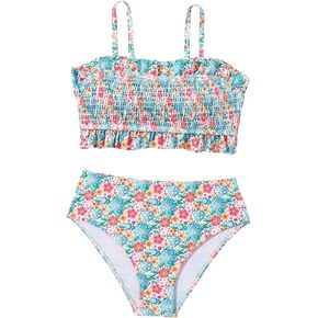 WDIRARA Girl's 2 Piece Set Floral Printed Shirred Bikini Set Ruffle Trim Swimsuit Sleeveless Swimwear