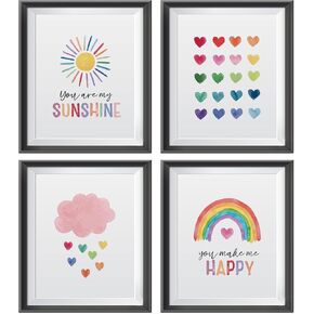 Inspirational Quote You Are My Sunshine Poster Prints for Home Girls Room Kids Room Nursery Classroom Decor,Boho Sun Rainbow Cloud Hearts Pattern Decorations Prints Wall Art Unframed 4pcs 8x10inches