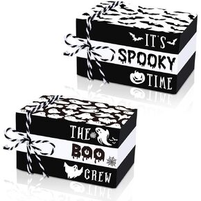 Whaline Halloween Wooden Book Stacks with Hemp Rope It's Spooky Time Bat Ghost Prints Faux Book Bundles Black White Stacked Books Tabletop Centerpieces for Tiered Tray Entryway Home Decoration,2Pcs