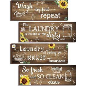 4 Pcs Sunflower Laundry Wall Decor Rustic Vintage Butterfly Laundry Room Wall Sign Wash Dry Fold Repeat Wall Decor for Laundry Room 11 x 4 Inches