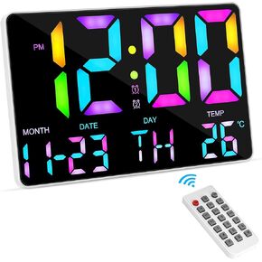 Welltop Digital Wall Clock Large Display, 11.5" Large LED Digital Wall Clock with RGB Colors Changing Remote Control, Auto Brightness Alarm Clock with Night Lights Calendar Temperature Snooze 12/24 H