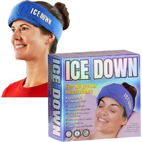 ICE DOWN Migraine Ice Head Wrap, Cold Therapy Wrap with 2 Reusable Ice Packs, Compress for Headaches, 27" x 3.5" Wrap, 11" x 3" Gel Ice Packs