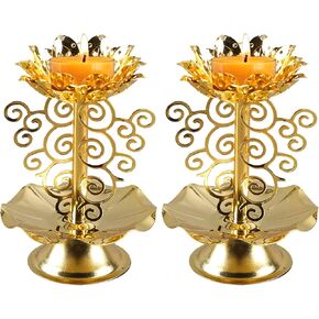 Diyas for Diwali Golden Handmade Oil Lamp Lotus Butterlamp Tealight Candle Holder Diya for Pooja Diwali Decorations for Best Housewarming Gifts, Indian Decor, Christmas, Yoga, Festival, Wedding(2PCS)
