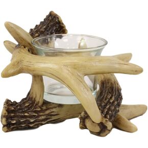 Ebros Set of 2 Wildlife Rustic Buck Elk Deer Stag Entwined Antlers Votive Candle Holder Accent Figurines 5" Wide Nature Lovers Hunters Cabin Lodge Country Home Decorative Antler Candleholders