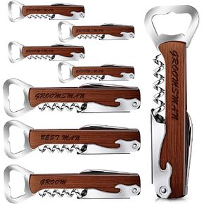 Set of 8 Groomsmen, Best Man Groom, Corkscrew and Multi Tool Groomsmen Gifts Wooden Wine Beer bottle opener for Proposal Bachelor Party Weddings