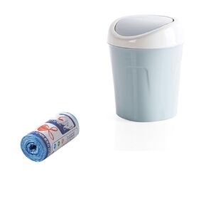 Plastic Mini Desktop Trash Can with Trash Bags, Tiny Wastebasket Small Garbage Waste Bin with Swing Lid for Tabletop Table Office Kitchen Bedroom Bathroom (Blue)