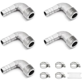 5PCS Stainless Steel 90 Degree Elbow Hose Fitting, Hose Barb Fittings 3/8" Barb x 3/8" NPT Elbow Male Adapter for Water Fuel Air, with Hose Clamps