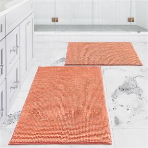 Civkor Microfiber Bath Mat Rug, Comfy Non Slip Bathroom Mats Rugs with Soft & Absorbent Shag, Machine Washable, Shaggy Rug for Bathroom, Set of 2,Light Orange/Coral, 31x20 and 24x16 Inch