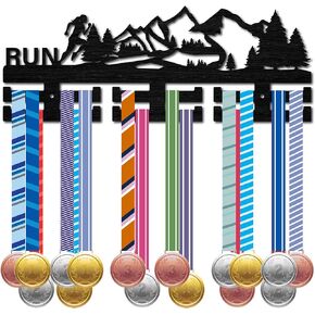CREATCABIN Run Medal Holder Sport Medal Hanger Medal Rack Display Wall Rack Mounted over 30 Medals Wooden Mountain Forest for Running Runners Swimming Athletes Champions Medalist Black 15.7x5.9Inch