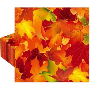 50 PCS Fall Leaves Cocktail Napkins Maple Leaves Paper Napkins Disposable 3-ply Fall Leaf Beverage Napkins for Thanksgiving Autumn Harvest Birthday Party Supplies, 5 x 5 Inch