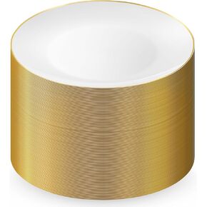 Munfix 100 Gold Plastic Plates Set, 10.25 Inch Plastic Dinner Plates, Fancy Disposable Plates, Heavy Duty Party Plates, Elegant Wedding Plates, White with Gold Rim