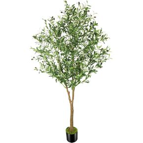 6ft Full Artificial Olive Tree (72in) with Plastic Nursery Pot Faux Olive Silk Tree, Fruits Fake Plant for Office House Farmhouse Living Room Home Decor (Indoor/Outdoor)