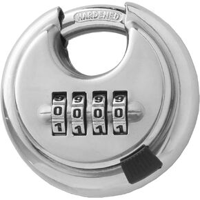 RESET-902 Stainless Steel Discus 4 Digit Combination Padlock Waterproof Rustproof Storage Lock with 0.36 Inch Hardened Shackle for Shed ToolBox Gate Fence Garage Outdoor Use Sliver