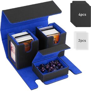 TiMOVO MTG Deck Box, Commander Deck Case Fits 200+ Double-Sleeved Cards, Magnetic Leather Card Storage Box with 2 Commander Display & 4Dividers & Dice Tray Fit YuGiOh TCG CCG Magic Cards, Black+Blue