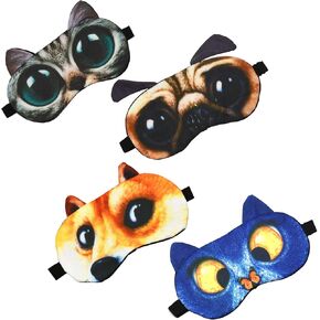 Kids Sleep Mask, 4 Pack Cute Animal Cat Dog Funny Sleep Eye Mask for Sleeping Soft Plush Blindfold with Adjustable Strap for Kids Adults Travel Naps Shift Works Games(#1 Style A- 4 Pack)