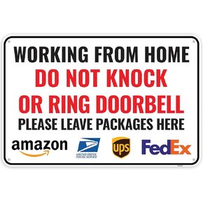 1PC Working From Home Sign For Front Door, 12 x 8 Inches - Aluminum - Do Not Knock Or Ring Doorbell