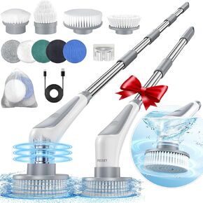 Electric Spin Scrubber, Cordless IPX8 Shower Scrubber with 9 Replacement Heads and 4 Tier Removable Handles, Dual Speed Extendable Spin Brush for Cleaning Bathroom, Kitchen, Tub, Tile, Window