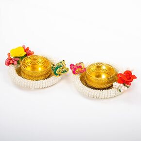 Handcrafted T Light Holder Lucky Charm Tealight Candle Stand T-Light Holder Decorative Lighting for Festival Décor Decoration and Gifting (White Beads- Set of 2)