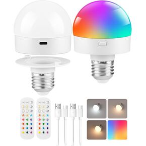 Rechargeable Light Bulbs with Remote Control, Battery Operated Light Bulbs with Timer, 3 Color Temperature, Dimmable Wireless Puck LED Bulb for Wall Sconce, 2 Pack, W01YBP206