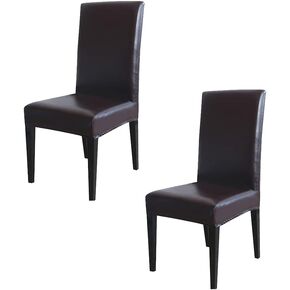 Hooshing PU Leather Chair Covers Stretch Waterproof Chair Protectors for Dining Room Set of 2 Brown
