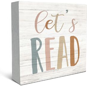 Let's Read Wood Box Sign Desk Decor, Inspirational Kids Wooden Block Box Sign Decoration For Home Kids Room Nursery Playroom Shelf Table Decor