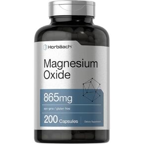 Horbäach Magnesium Oxide 865 mg | 200 Capsules | Non-GMO and Gluten Free Supplement
