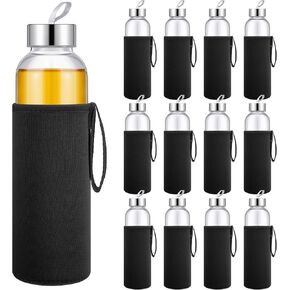 Vesici 12 Set 18 oz Clear Glass Water Bottles, Reusable Glass Juicing Bottles with Protection Sleeve and Stainless Steel Leak Proof Lids for Milk Smoothie Juice Beverage Tea (Colorful,Classic)