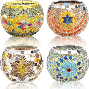 DEAYOU 4 Pack Glass Candle Holders Mosaic, Decorative Glass Tealight Votive Holder Bowl, Scented Candle Stand for Lighting Decor, Gift, Aromatherapy, Also Used as Vase, Pen Holder, Potted Plant Bowl