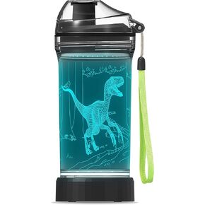 Light Up Dinosaur Water Bottle with Color Changing Night Light- 14 OZ Tritan BPA Free Eco-Friendly - Cute Velociraptor Kids Drinking Cups Gift for School Boy Girl Child Grandson Christmas Holiday