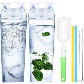 Milk Carton Water Bottle - Clear Square Milk Bottles BPA Free Portable Water Bottle with Straw and Bottle Brush for Outdoor Sports Travel Camping Activities(H01)