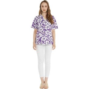Hawaiian Print Cotton 2 Pockets Scrub Top in Classic Hibiscus Blue