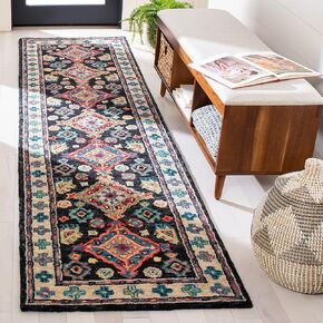 سجادة SAFAVIEH Aspen Collection Runner - 2'3" x 17'، فحمي وأزرق، صوف بوهو مصنوع يدويًا، مثالية للمناطق ذات حركة المرور العالية في غرفة المعيشة وغرفة النوم (APN521H)