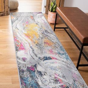 Rugshop Distressed Contemporary Abstract Watercolor Stain Resistant Soft Runner Rug 2' x 7' Blue