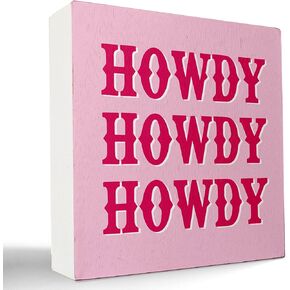 Pink Preppy Retro Western Cowboy Cowgirl Hat Boots Saddle Cactus Wooden Box Sign Desk Decor,Trendy Preppy Wood Block Plaque Box Sign for Western Home Girls Room Dorm Wall Shelf Desk Decoration