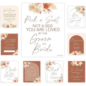 Hadley Designs 9 Boho Wedding Signs for Ceremony and Reception - Pick A Seat Not A Side Wedding Sign Set, Love is Sweet Sign for Dessert Table Signs for Wedding