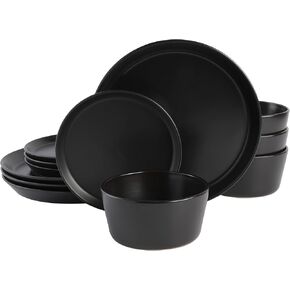 Gibson Soho Lounge Bowery 32 Piece Matte Black Stoneware Dinnerware Plates, Bowls, and Mugs Set - Service for 8