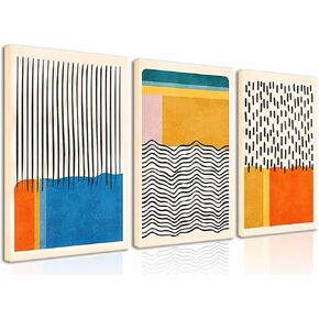 Modern Boho Wall Art Set of 3 - Abstract Geometric Line Leaf Beige Botanical Canvas Paintings Prints Wall Decor, Minimalist Wall Art for Living Room, Bedroom, Office - Framed 12x16 in