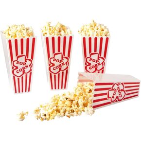 Plastic Popcorn Containers Red & White Striped Retro Style Reusable Popcorn Boxes for Movie Night 4"x8" (4 Pack)
