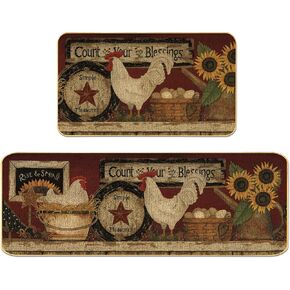 Farmhouse Decorative Kitchen Rugs and Mats Set of 2, Farm Rooster Non-Slip Kitchen Mats,Seasonal Holiday Party Sets Washable Low-Profile Floor Mats - 17x29 and 17x47 Inch