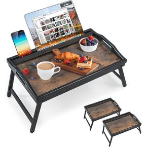 2 Pack Bed Tray Table Breakfast Trays Serving Tray Bamboo Bed Laptap Floding Legs with Handles and Phone Holders